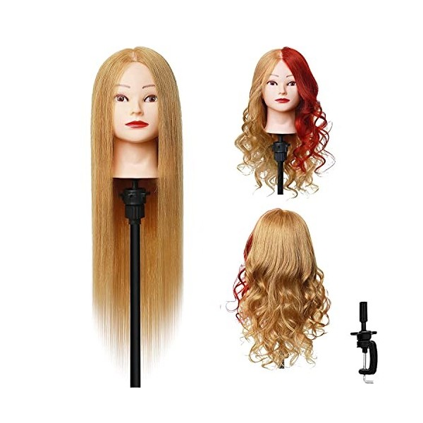 Tete a Coiffer, DEMOSI 24-27Inch 100% Cheveux Naturel Tête à Coiffer Tête a Coiffer pour le Salon Coiffeur Poupée avec Suppor
