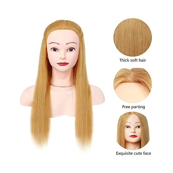 Tete a Coiffer, DEMOSI 24-27Inch 100% Cheveux Naturel Tête à Coiffer Tête a Coiffer pour le Salon Coiffeur Poupée avec Suppor