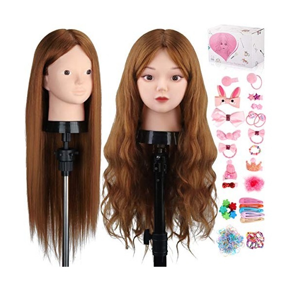 TopDirect 23.5" Maquillage Tête à coiffer 80% Cheveux Naturel Vrai Cheveux Humains Make-up Mannequin Tête Formation Coiffure 