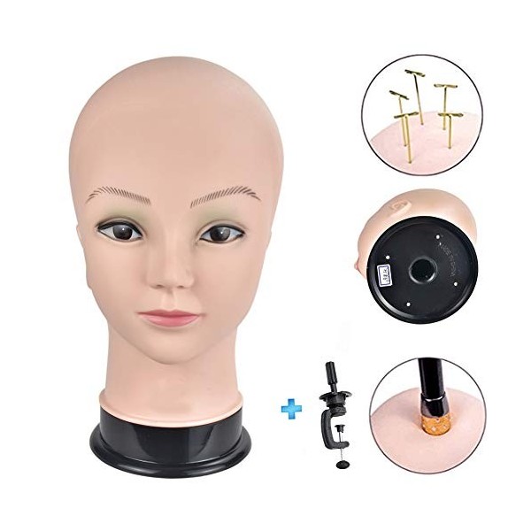 ERSIMAN Maquillage Chauve Tête de Formation Cosmétologie Mannequin Mannequin Tête pour Perruques Fabrication et Affichage ave