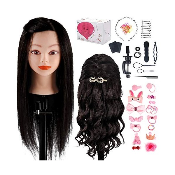 TwoWin 100% Vrais Cheveux Tête de Mannequin dexercice de Coiffure 45cm 18" Noir Cosmétologie Têtes à Coiffer avec Support + 