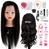 TwoWin 100% Vrais Cheveux Tête de Mannequin dexercice de Coiffure 45cm 18" Noir Cosmétologie Têtes à Coiffer avec Support + 