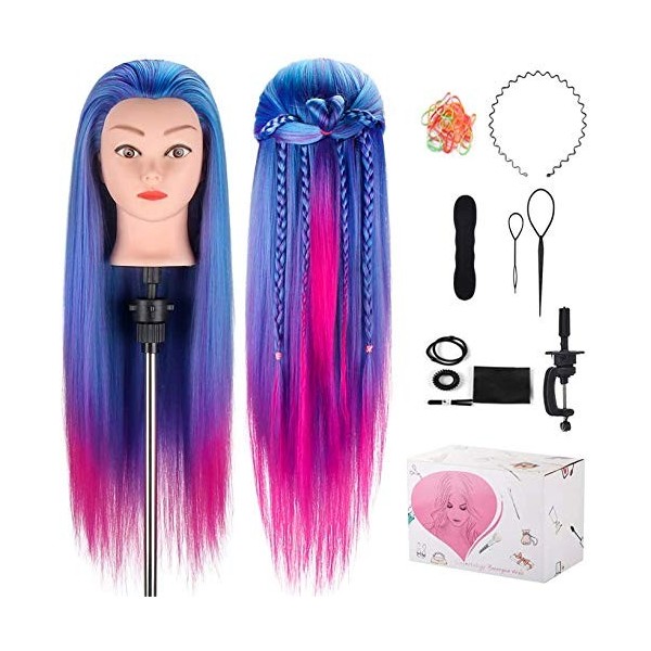 TwoWin 100% Vrais Cheveux Tête de Mannequin dexercice de Coiffure 45cm 18" Noir Cosmétologie Têtes à Coiffer avec Support + 