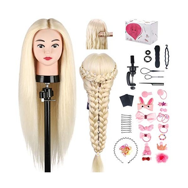 TwoWin 100% Vrais Cheveux Tête de Mannequin dexercice de Coiffure 45cm 18" Noir Cosmétologie Têtes à Coiffer avec Support + 