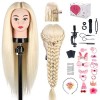 TwoWin 100% Vrais Cheveux Tête de Mannequin dexercice de Coiffure 45cm 18" Noir Cosmétologie Têtes à Coiffer avec Support + 