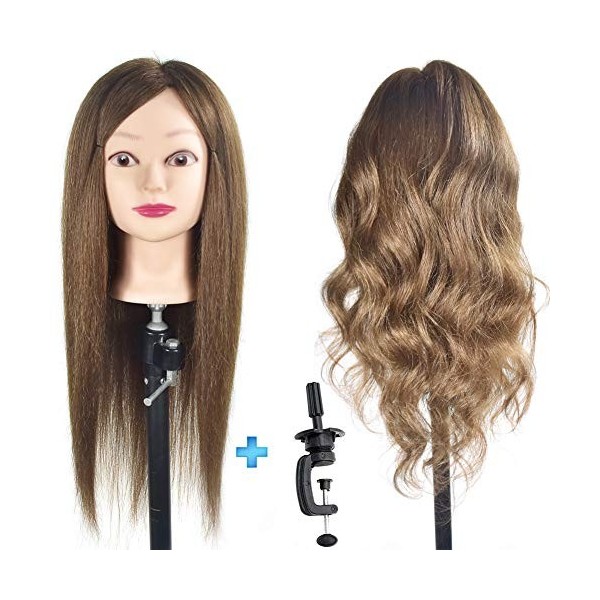 ErSiMan Tête de mannequin de cosmétologie pour femme 100 % cheveux humains 50,8 cm, tête de mannequin pour coiffure, tête de 