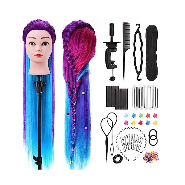 Tête Dexercice, Yofuly 29 Pouces Tête de Coiffure 100% Fibre Synthétique Cosmétologie Mannequin Poupées Tête avec Pince de T