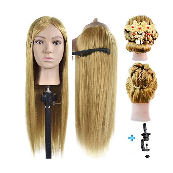 26 "- 28" tête de mannequin 100% fibres synthétiques coiffeur formation tête cosmétologie mannequin poupée avec support de pi