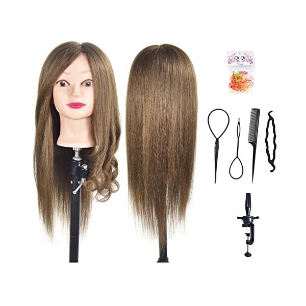 Tête de mannequin d’entrainement de 50,8 à 55,9 cm 100 % cheveux humains véritables support de fixation de table inclus 