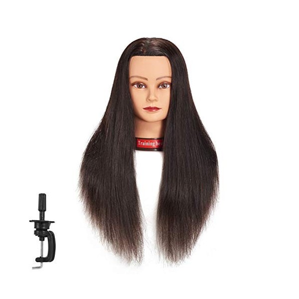 Tête de mannequin pour entraînement de cosmétologie avec cheveux 100 % humains - 61 - 66 cm - Avec pince de serrage incluse -