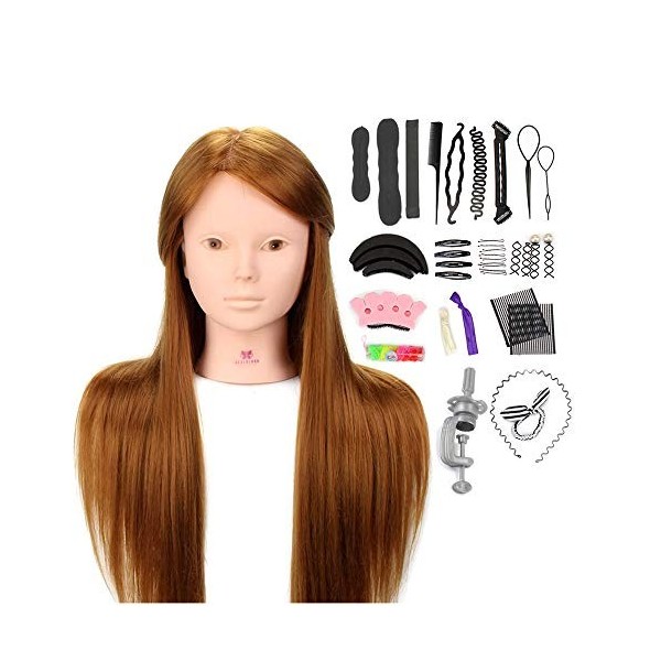 AIMEI Tête dentraînement, tête de coiffure 22" Mannequin mannequin de cosmétologie Poupée 60% de vrais cheveux avec tresse S