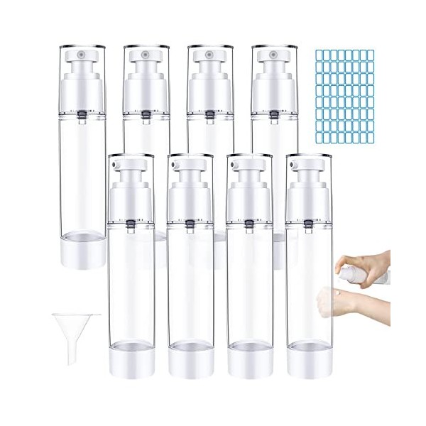 GZkushi 8 Pcs Airless Pompe 50 ml, Flacons à Pompe Sans Air Rechargeables Pour Gel Shampoing, Lotion Crème, Avec Étiquette, E