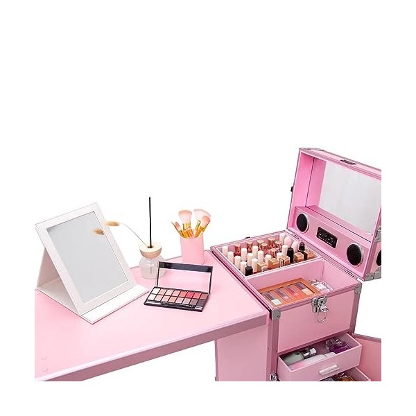 Mallette De Train De Maquillage Roulante Portable, Table De Manucure Roulante, avec 4 Tiroirs, Miroir, Haut-Parleur, Tables À