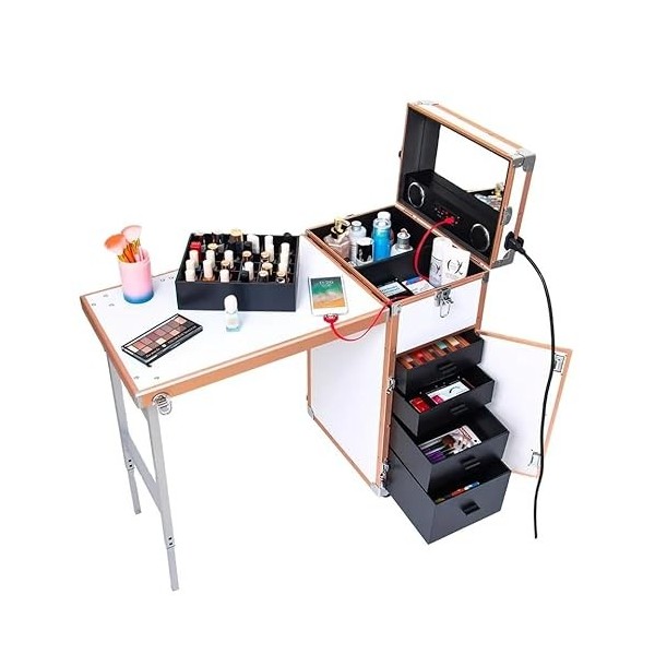 Table De Manucure Roulante, Valise De Train De Maquillage Roulante Portable, avec 4 Tiroirs Miroir Haut-Parleur Tables À Ongl