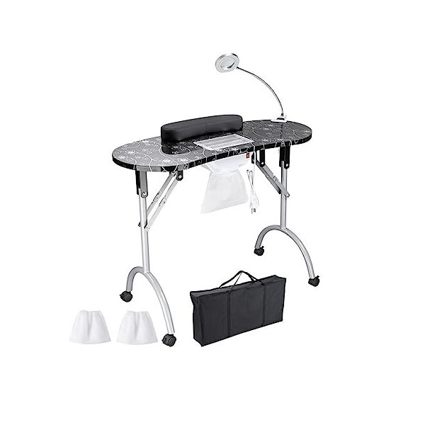 Table de Manucure Portable et Mobile Lampe de Table LED Pliante Bureau de Manucure Ventilé Sac de Transport pour Salon de Bea