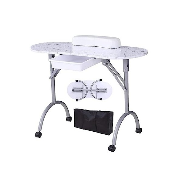 Table de Manucure Table de Travail Portable Pliable avec Tiroir et roulettes Bureau de Technicien de Longle Color : White 