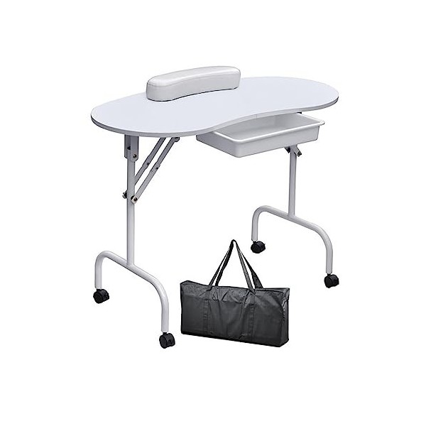 Table de Manucure Pliable et Portable de 37 Pouces avec Tiroir, Repose-Poignets et roulettes pour Salon de Beauté Color : Wh