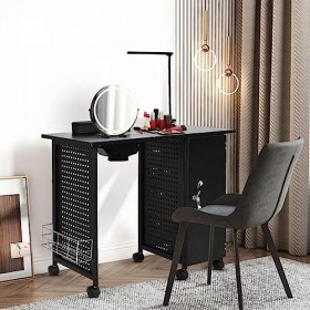 Lampe LED Table à Ongles Station Tiroirs Table de Manucure Mobile Cadre en Acier Bureau de Manucure