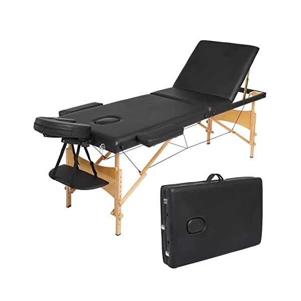 Meerveil Table de Massage, Pliante de 3 Sections Lit Cosmétique Pliante en Bois, avec l’Appui-Tête Amovible, Accoudoirs Régla
