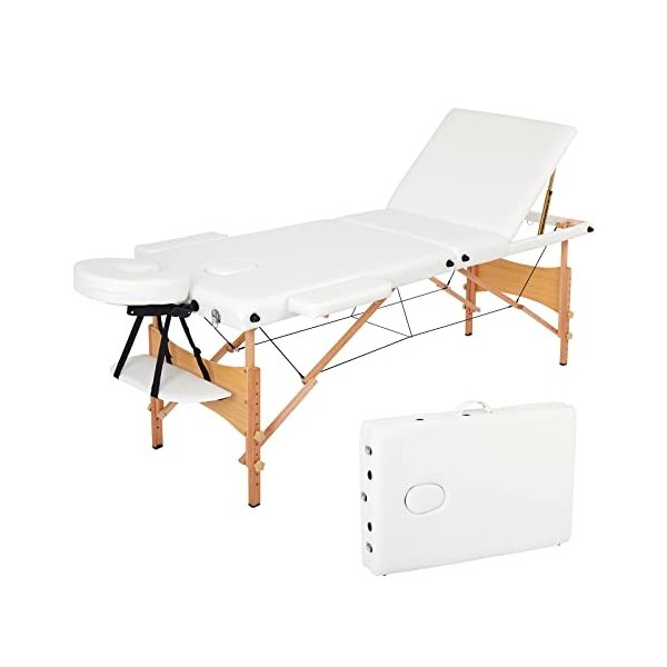 Meerveil Table de Massage, Pliante de 3 Sections Lit Cosmétique Pliante en Bois, avec l’Appui-Tête Amovible, Accoudoirs Régla