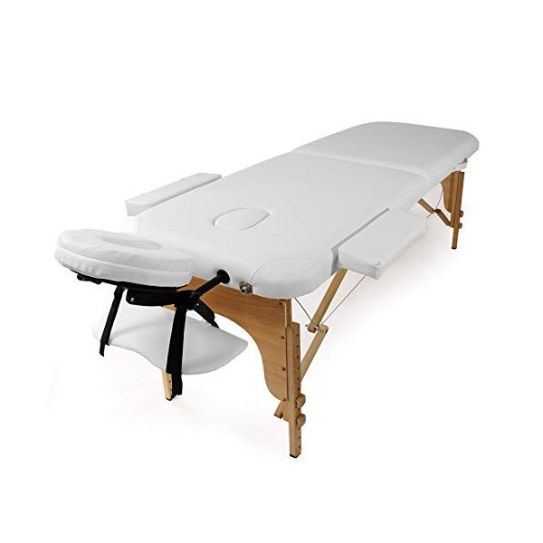 WilTec Table de Massage 2 Zone Couleur Blanche Pliable Accoudoirs Chaise Cosmétique Réglable Hauteur Mobile