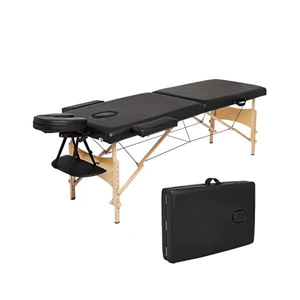 Meerveil Table de Massage, Pliante de 2 Sections Lit Cosmétique Pliante en Bois, avec l’Appui-Tête Amovible, Accoudoirs Régla