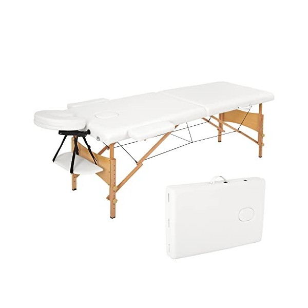 Meerveil Table de Massage, Pliante de 2 Sections Lit Cosmétique Pliante en Bois, avec l’Appui-Tête Amovible, Accoudoirs Régla