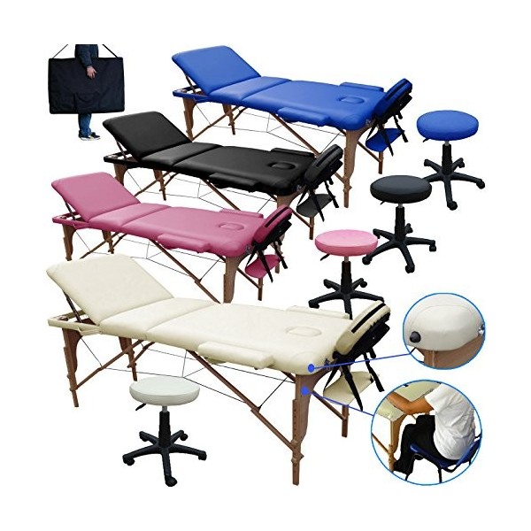 BELTOM Table DE Massage 3 Zones Reiki + Tabouret MANUCURE LIT ESTHETIQUE Pliante + Sac - Rose