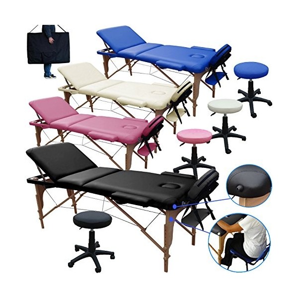 BELTOM Table DE Massage 3 Zones Reiki + Tabouret MANUCURE LIT ESTHETIQUE Pliante + Sac - Rose