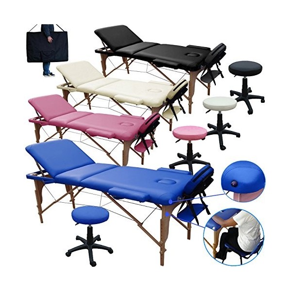 BELTOM Table DE Massage 3 Zones Reiki + Tabouret MANUCURE LIT ESTHETIQUE Pliante + Sac - Rose