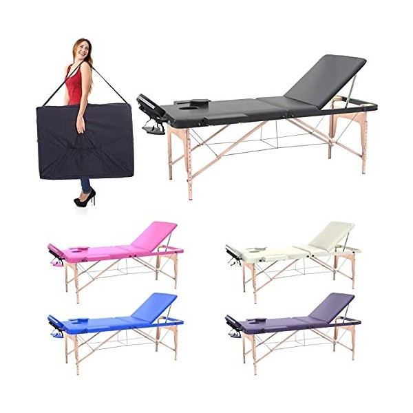 Fenixshop24 - Table de Massage Professionnelle 3 Zone en Bois de hêtre Pliable et transportable Hauteur réglable Compris Sac 