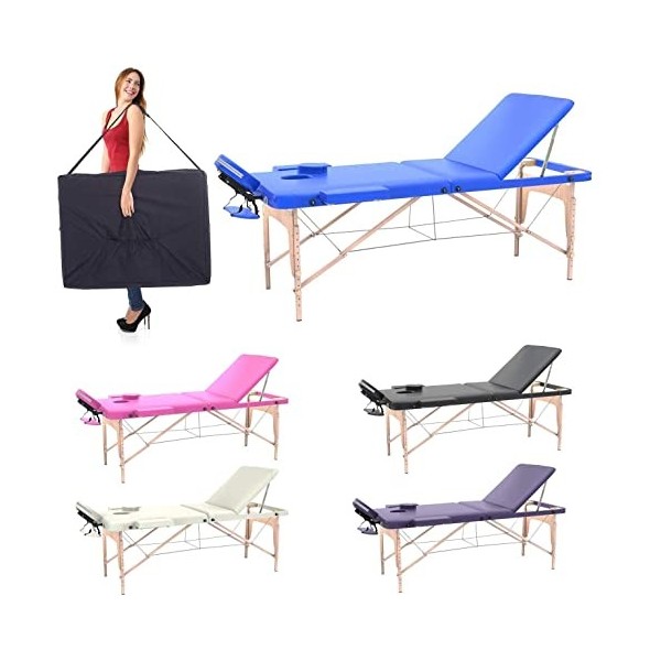 Fenixshop24 - Table de Massage Professionnelle 3 Zone en Bois de hêtre Pliable et transportable Hauteur réglable Compris Sac 