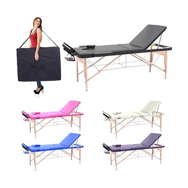 Fenixshop24 - Table de Massage Professionnelle 3 Zone 180x56 cm en Bois de hêtre Pliable et transportable Hauteur réglable Co