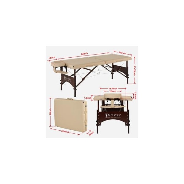 Master Massage Table de massage légère et portable en bois dargo, avec housse de transport, 70 cm de large, couleur crème