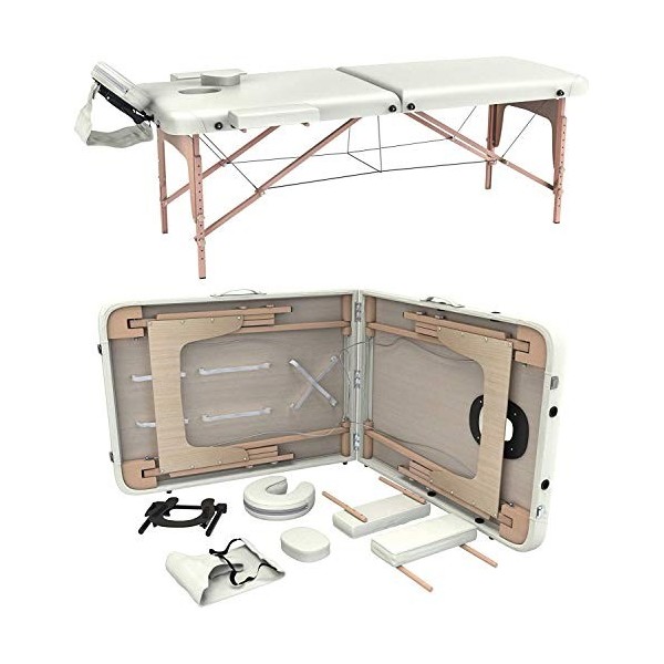 Fenixshop24 - Table de Massage Professionnelle 2 Zone en Bois de hêtre Pliable et transportable Hauteur réglable Compris Sac 