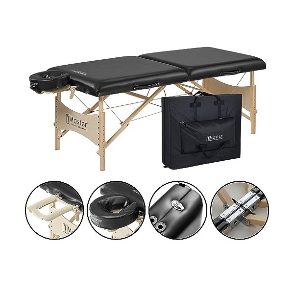 Master Massage Balboa Table de Massage Mobile avec Pieds en Bois Naturel et Sac de Transport Noir Brillant 71 cm