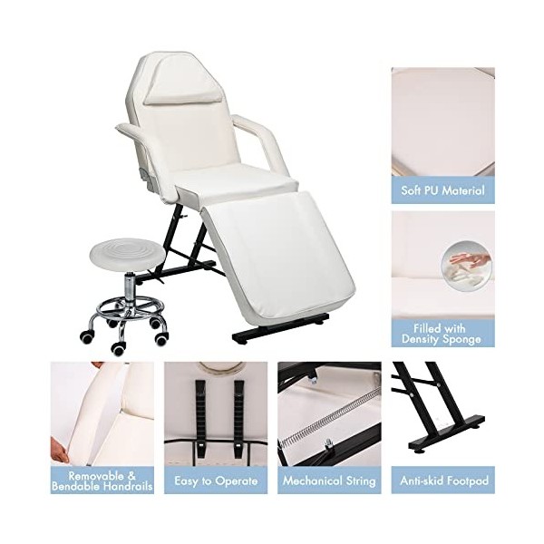 Waktavel Lit de beauté avec tabouret, table de massage réglable à 3 sections et tabouret, lit de tatouage avec accoudoirs amo