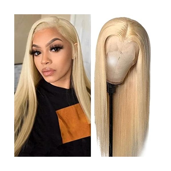 DaiMer 7A Lace Front Wig Human Hair 613 Blonde Straight Wig With Baby Hair 100% Peruvian Human Remy Hair for Women 26inch, S