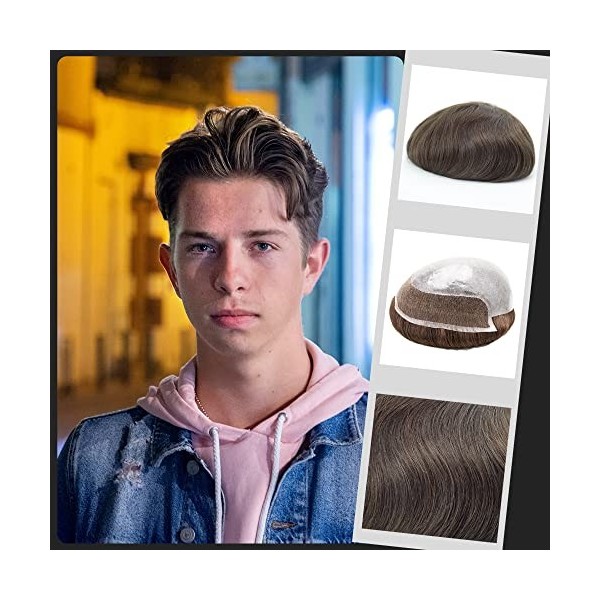 Lordhair Perruque Homme Naturel, Toupet pour Hommes à Peau Super Mince de 0,08 mm avec Front en Dentelle Français, Taille de 