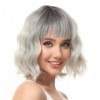 Luxiremi Perruque Femme Naturelle Courte Longueur Épaule de 30 cm Bob Ondulé et Bouclé avec Frange, Cosplay Gris Perruque pou