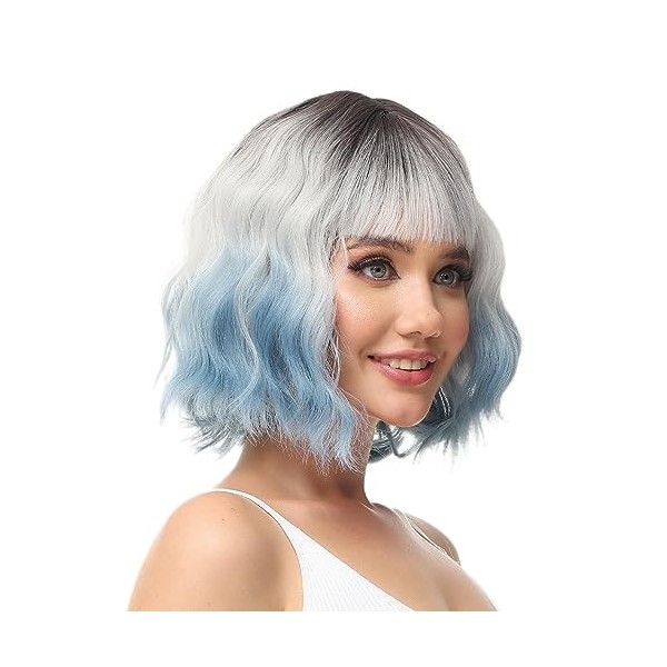 Luxiremi Perruque Femme Naturelle Courte Longueur Épaule de 30 cm Bob Ondulé et Bouclé avec Frange, Cosplay Ombré Bleu Perruq