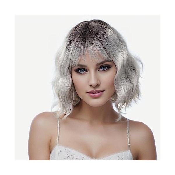 Luxiremi Perruque Femme Naturelle Courte Longueur Épaule de 30 cm Bob Ondulé et Bouclé avec Frange, Cosplay Ombre Silber Grau