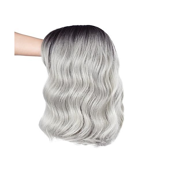 Luxiremi Perruque Femme Naturelle Courte Longueur Épaule de 30 cm Bob Ondulé et Bouclé avec Frange, Cosplay Ombre Silber Grau