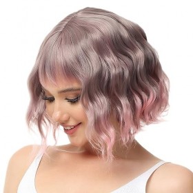 Luxiremi Perruque Femme Naturelle Courte Longueur Épaule de 30 cm Bob Ondulé et Bouclé avec Frange, Cosplay Rose Perruque pou