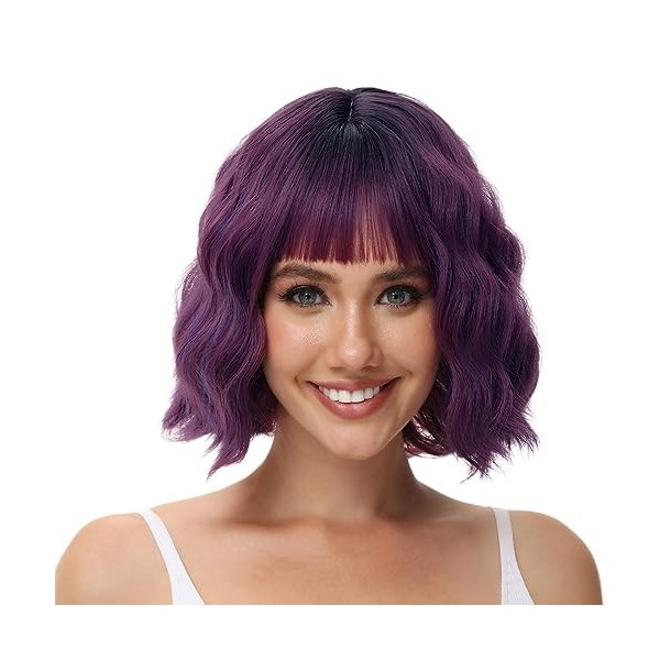 Luxiremi Perruque Femme Naturelle Courte Longueur Épaule de 30 cm Bob Ondulé et Bouclé avec Frange, Cosplay Violet Perruque p