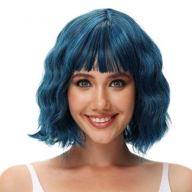 Luxiremi Perruque Femme Naturelle Courte Longueur Épaule de 30 cm Bob Ondulé et Bouclé avec Frange, Cosplay Vert Bleu Perruqu