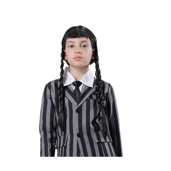 Perruque du Mercredi Addams Fille et Femme, Costume dHalloween de la Famille Addams, Perruque Tressée Noire avec Franges pou