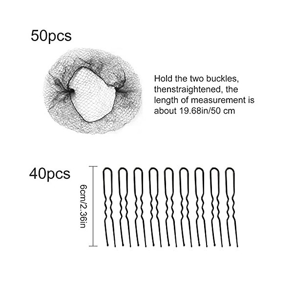 LULJY Lot de 50 filets à cheveux invisibles en maille élastique et épingles en forme de U de 50 cm, emballage individuel de 5