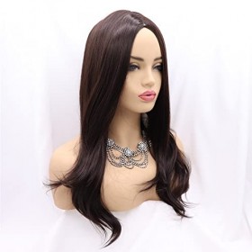 Xiweiya Perruque marron foncé, cheveux synthétiques ondulés entièrement fabriqués à la machine, fibre résistante à la chaleur