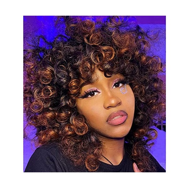 Perruque frisée courte pour femme noire Perruque afro shaggy brune Perruque frisée avec frange Perruque synthétique résistant